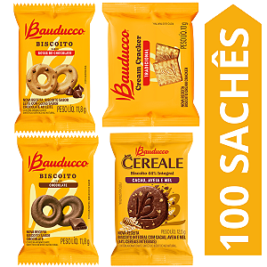 Kit 100 Sachês Biscoito Bauducco Sabores Gotas De Chocolate, Cereale Cacau, Chocolate, Cream Cracker