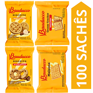 Kit 100 Sachês Biscoito Bauducco Sabores Leite E Gotas De Chocolate, Banana, Cream Cracker, Maizena