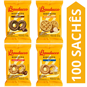 Kit 100 Sachês Biscoito Bauducco Sabores Gotas De Chocolate, Banana Com Canela, Leite, Chocolate