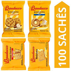 Kit 100 Sachês Biscoito Bauducco Sabores Leite , Banana Com Canela, Cream Cracker, Maizena