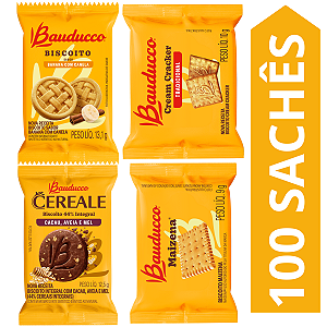 Kit 100 Sachês Biscoito Bauducco Sabores Cereale Cacau, Banana Com Canela, Maizena, Cream Cracker