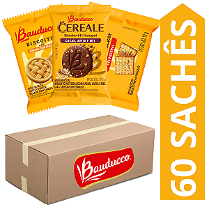 Kit 60 Sachês Biscoito Bauducco Sabores Cereale Cacau, Banana Com Canela, Cream Cracker