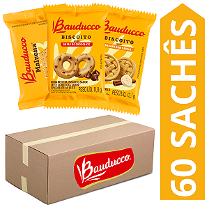 Kit 60 Sachês Biscoito Bauducco Sabores Leite Com Gotas De Chocolate, Banana Com Canela, Maizena
