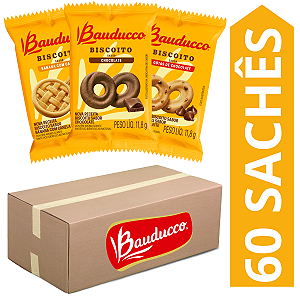 Kit 60 Sachês Biscoito Bauducco Sabores Leite Com Gotas De Chocolate, Banana Com Canela, Chocolate
