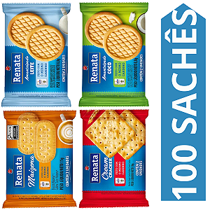 Kit 100 Sachês Biscoito Renata Sabores Leite, Coco, Maizena, Cream Cracker