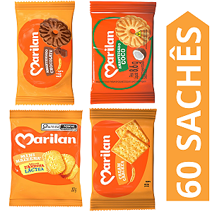 Kit 60 Sachês Biscoito Marilan Sabores Chocolate, Coco, Mini Maizena, Cream Cracker