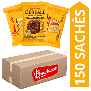 Kit 150 Sachês Biscoitos Bauducco Sabores BCereale Cacau, Cream Cracker, Maizena