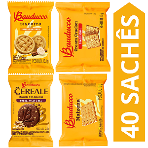 Kit 40 Sachês Biscoito Bauducco Sabores Banana Com Canela, Cereale Cacau, Maizena, Cream Cracker