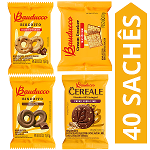 Kit 40 Sachês Biscoito Bauducco Sabores Chocolate, Gotas De Chocolate, Cereale Cacau, Cream Cracker
