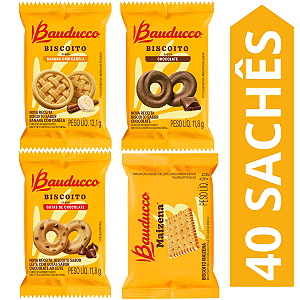Kit 40 Sachês Biscoito Bauducco Sabores Leite Chocolate, Leite E Gotas De Chocolate, Banana, Maizena