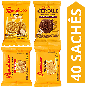 Kit 40 Sachês Biscoito Bauducco Sabores Banana Com Canela, Cereale Cacau, Cream Cracker, Maizena