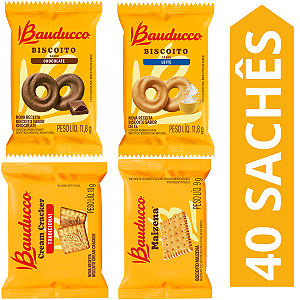 Kit 40 Sachês Biscoito Bauducco Sabores Chocolate, Leite, Cream Cracker, Maizena