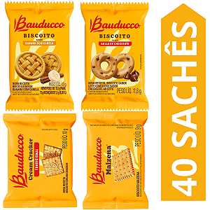 Kit 40 Sachês Biscoito Bauducco Sabores Banana Com Canela, Leite Com Gotas De Chocolate, Cream Cracker, Maizena