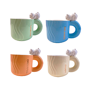 Caneca de Cerâmica de Gatinho com Alça Tons Pastéis