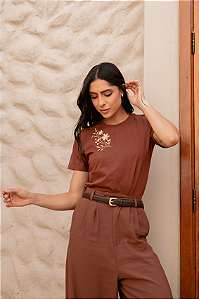 Tshirt Bordada Ramo de Flores Bege