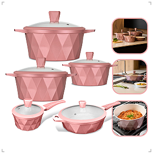 5 Panelas Rose Indução Cerâmica Marmorizadas Antiaderente Tampa de Vidro