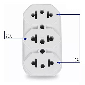 Adaptador de 3 tomadas 10a/20a/10a kit com 3 unidades