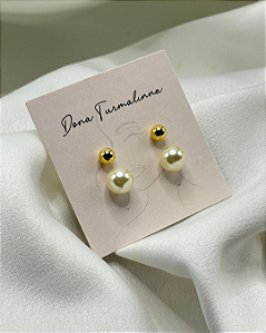 Dupla de Brincos Pérola Bolinha banhado em ouro 18k
