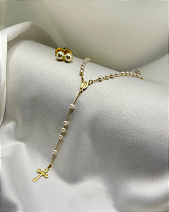 Conjunto Fé Terço + Brinco Pérola banhado em ouro 18k