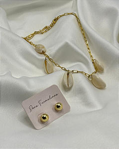 Brinco Bolinha + Colar Cartier Búzios banhado em ouro 18k