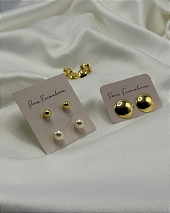 Dupla de Brincos Pérola Bolinha + Brinco Botão + Tarraxa Mágica banhado em ouro 18k