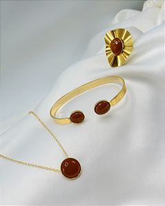 Mix Colar + Anel e Bracelete Esmaltado Cappuccino Banho Ouro 18k