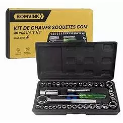 Kit Jogo Soquetes Sextavado Com Catraca Chave e Adaptador de 1/4" para 3/8" 40 Peças