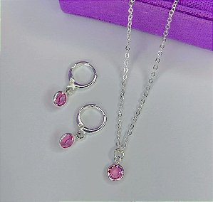 Conjunto de pedrinha redonda rosa banhada a prata