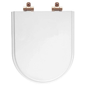 Tampa de Vaso Sanitário Poliéster Soft Close Carrara Branco para vaso Deca com Ferragem Rose Gold