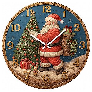 Relógio de Parede Natalino Papai Noel Decorando a Árvore