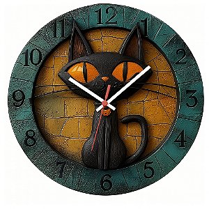 Relógio de Parede Gato Preto Estilizado em Relevo – Arte Decorativa