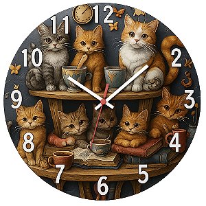 Relógio de Parede Gatinhos na Estante – Arte Fofa e Decorativa