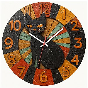 Relógio de Parede Gato Preto Geométrico Colorido – Arte Moderna
