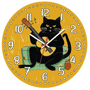 Relógio de Parede Gato Preto Tocando Violão