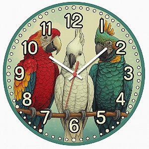 Relógio de Parede Araras e Cacatua no Poleiro – Arte Tropical