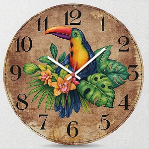 Relógio de Parede Tucano com Flores Tropicais – Estilo Rústico