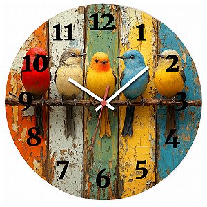 Relógio de Parede Pássaros Coloridos na Madeira – Estilo Rústico Vintage