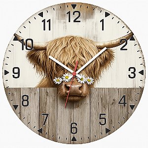 Relógio de Parede Boi Highland com Margaridas – Estilo Country