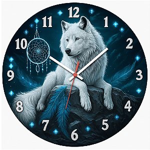 Relógio de Parede Lobo Branco Místico – Arte Fantasia