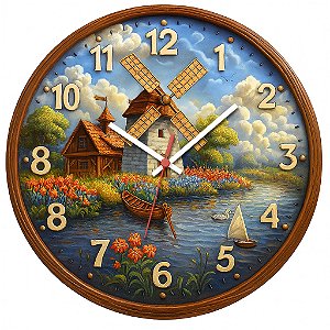 Relógio de Parede Países Holanda Moinho Campo Flores