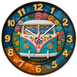 Relógio de Parede Vintage Kombi Hippie Floral Frontal