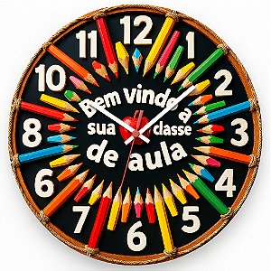 Relógio de Parede Escola Lápis Coloridos Bem-Vindo