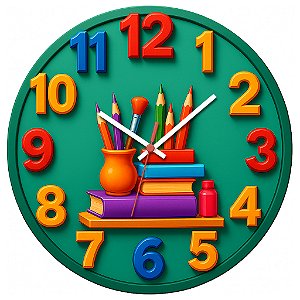Relógio de Parede Escola Livros e Lápis Coloridos