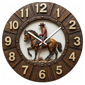 Relógio de Parede Fazenda Country Cavalo Peão Madeira
