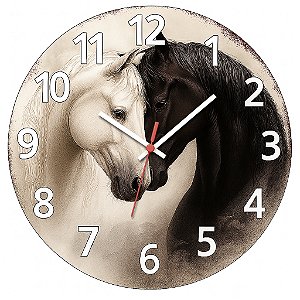 Relógio de Parede Fazenda Country Dois Cavalos Preto e Branco
