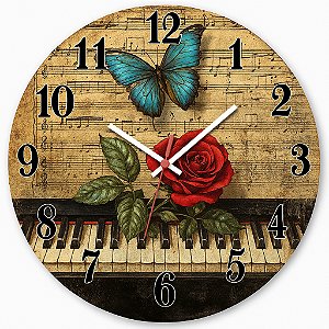 Relógio de Parede Música Piano Rosa e Borboleta
