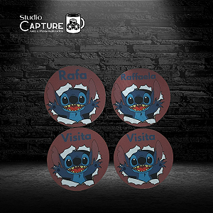 Kit com 4 Porta Copos Redondos Stitch Personalizados com Nome