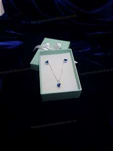 Conjunto Coração com Zircônia Azul Escuro – Prata 925 | Brinco + Colar 45cm