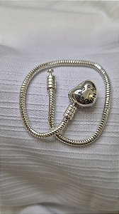 Pulseira Estilo Pandora – Fecho Coração Cravejado – 17cm – Prata 925