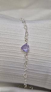Pulseira Coração com Zircônia Lilás – Elos Coração – 18cm – Prata 925